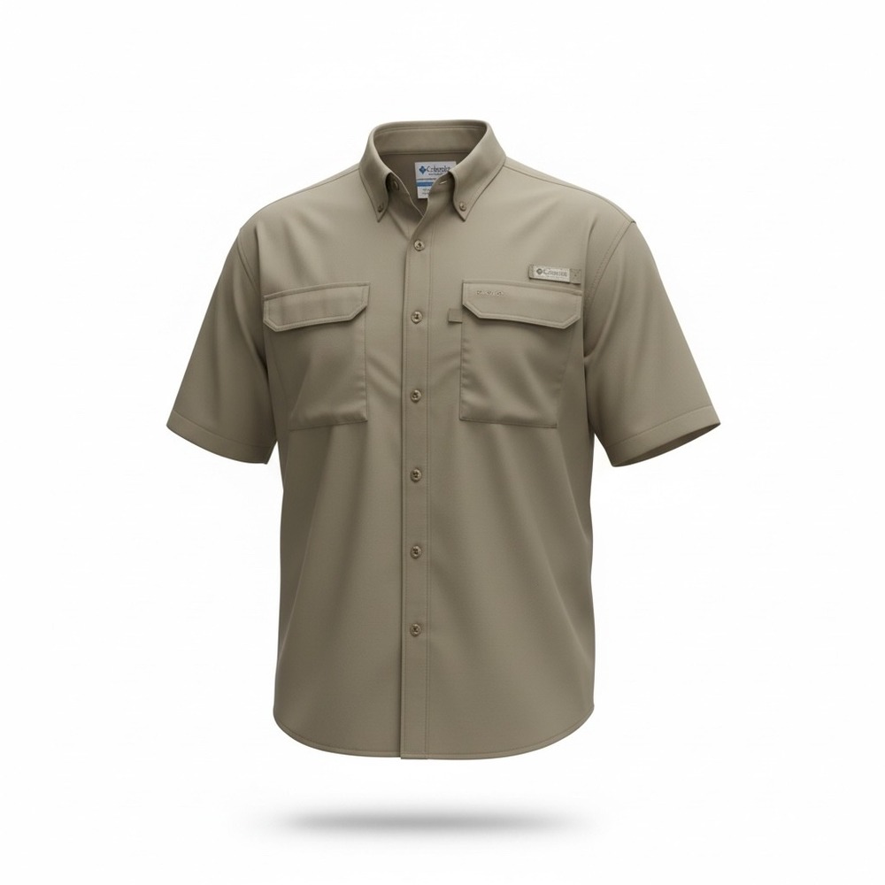 Columbia PFG Mens Medium Sage Green Short Sleeve Fishing Shirt Cotton Button Up